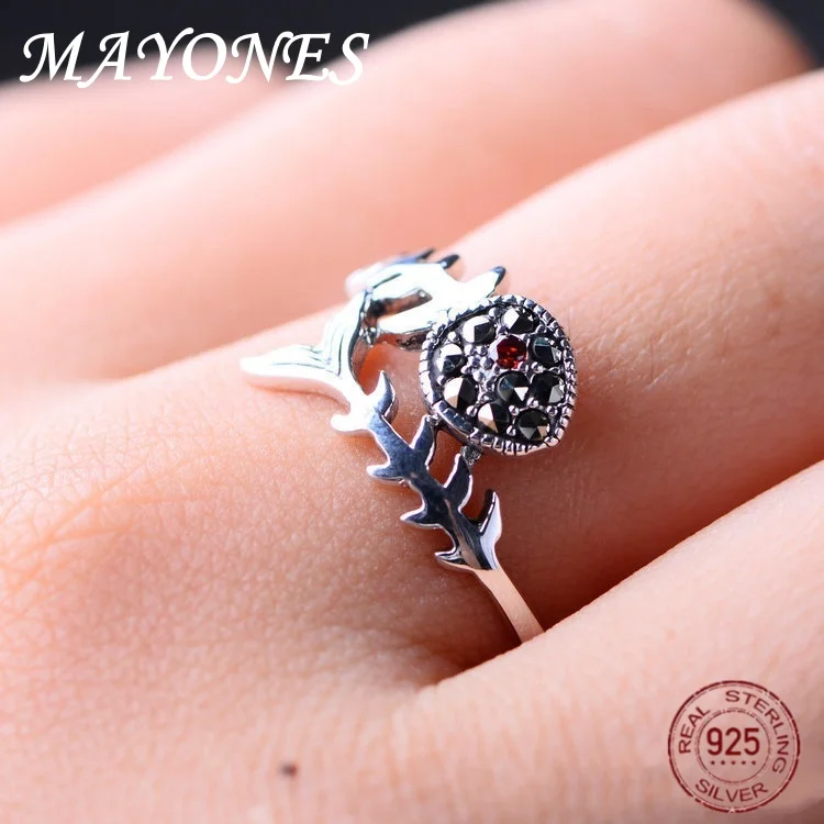 S925 Sterling Silver Jewelry Vintage Creative Personality Cute Fishbone Ring Women's Holiday Gift