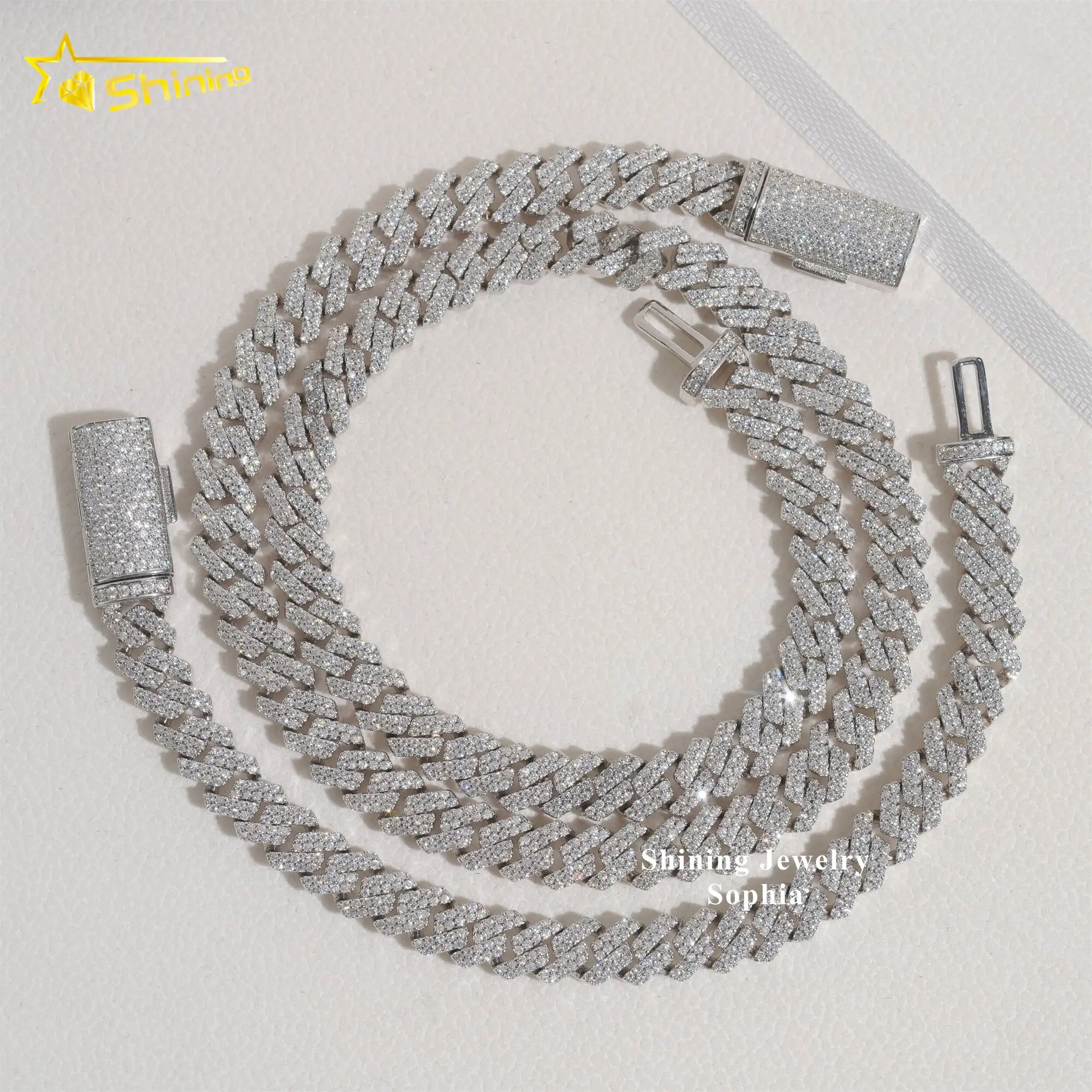 Factory wholesale price s925 sterling silver rhodium plated prong set d color vvs moissanite cuban link chain