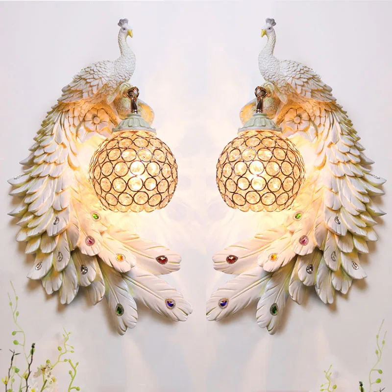 

Modern European Resin Peacock Crystal Wall Lamps Bedroom Bedside Living Room TV Background Wall Lamp 110V 220V Wall Light