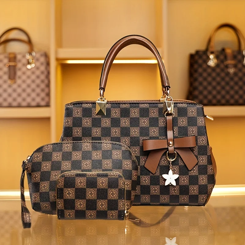 

3-Piece Set Fashion Women's Handbag, Elegant Shoulder Tote With Bow Charm, Crossbody Bag, Wristlet Clutch, Credit Card Wallet