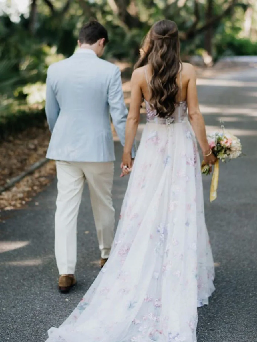 สายสปาเก็ตตี้โบฮีเมียน Boho ชายหาดชุดแต่งงานพิมพ์ดอกไม้ชุดเจ้าสาว vestidos de Renda