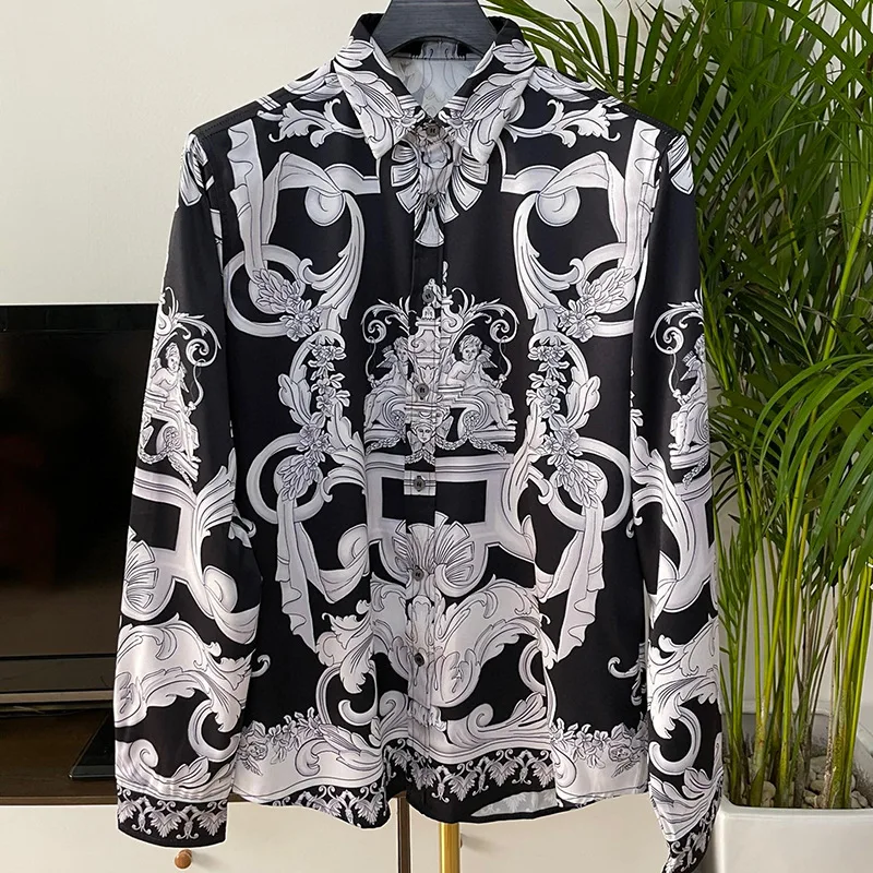 

Luxury Royal Shirts Men Casual Slim Full Mens Social Paisley Digital Printing Shirt Manga Longa Prom Party Shirts Camisa Hombre