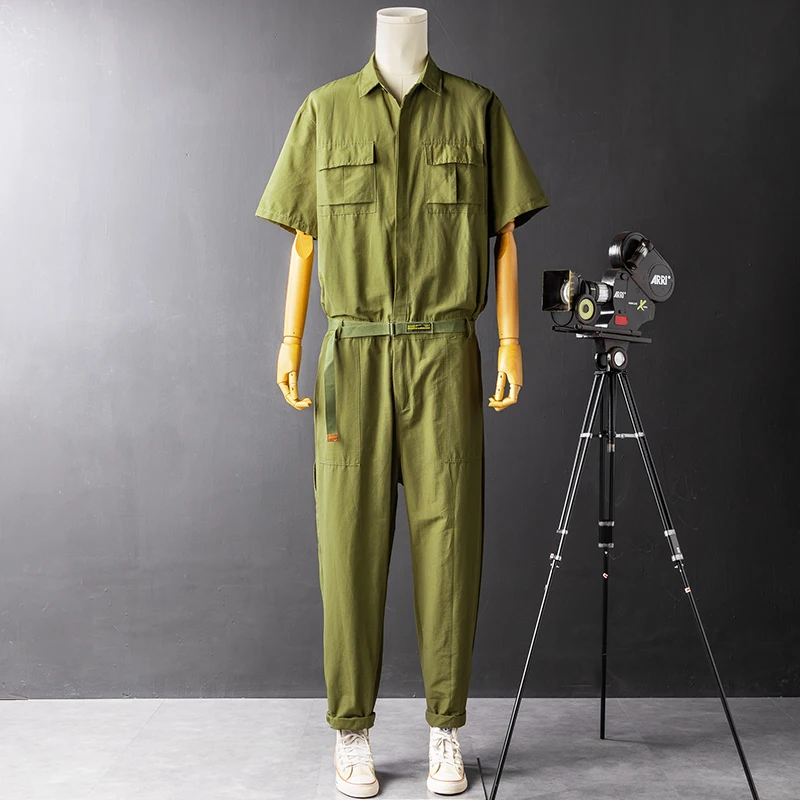

Летний повседневный винтажный мужской комбинезон с коротким рукавом, тонкий, свободный, в стиле рабочей одежды, из смесового хлопка и полиэстера, молодежный, модный