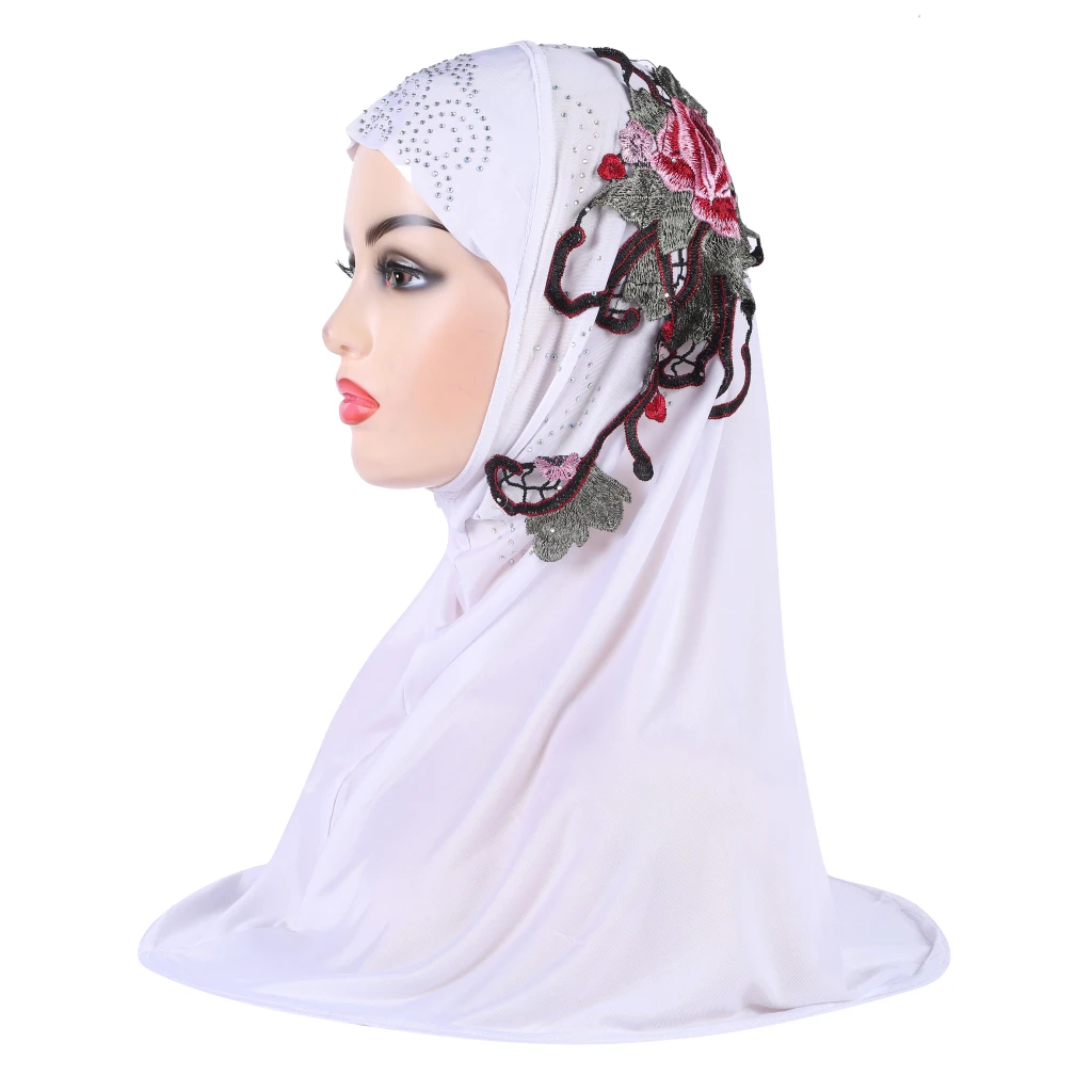 H317 حجاب إسلامي جميل للفتيات مع تطريز من الدانتيل وشاح إسلامي شال حجاب قبعة أرميا سحب على التفاف هدية رمضان