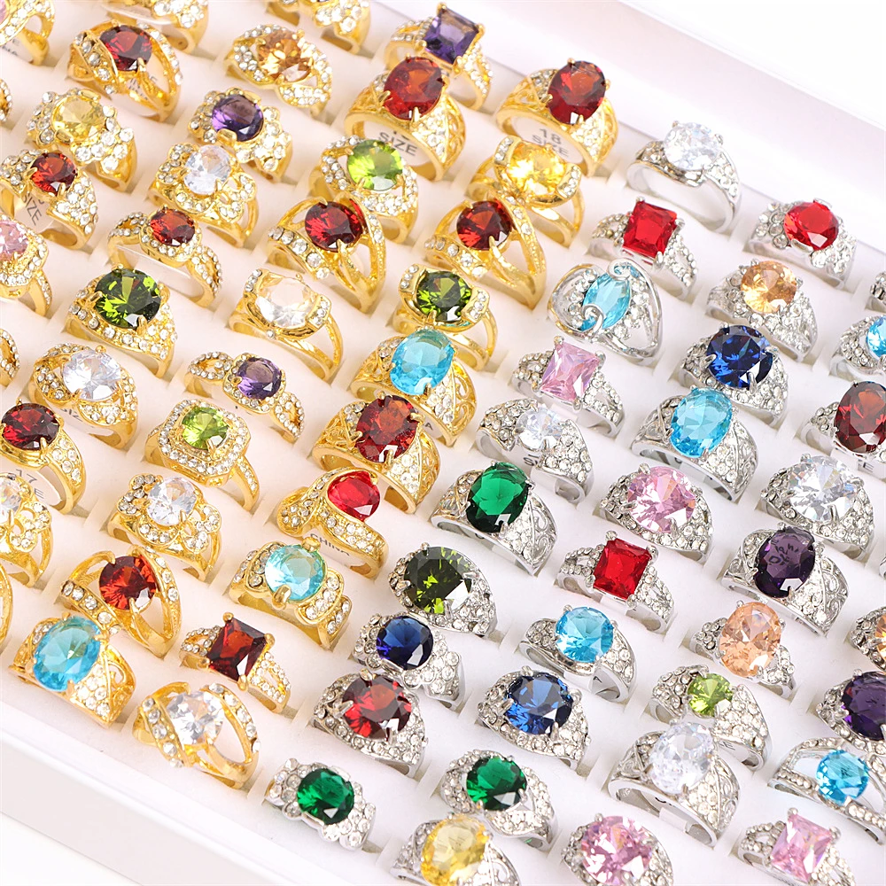 20pcs/Lot Fashion Rhinestone Big Zircon Metal Rings For Women Wedding Party Gift Jewelry Mix Style Size 16mm to 20mm