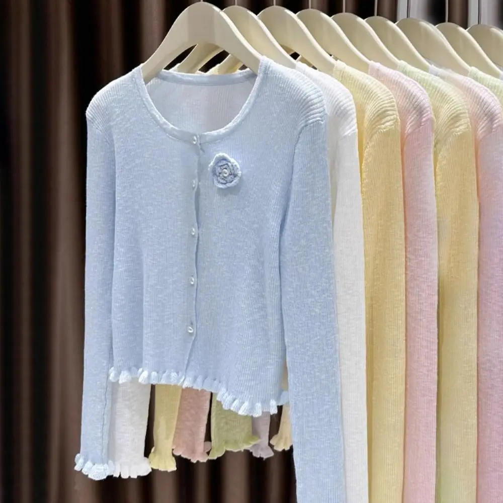 

Легкий вязаный кардиган из ледяного шелка с рюшами, дышащий, с круглым вырезом, из тонкой ткани