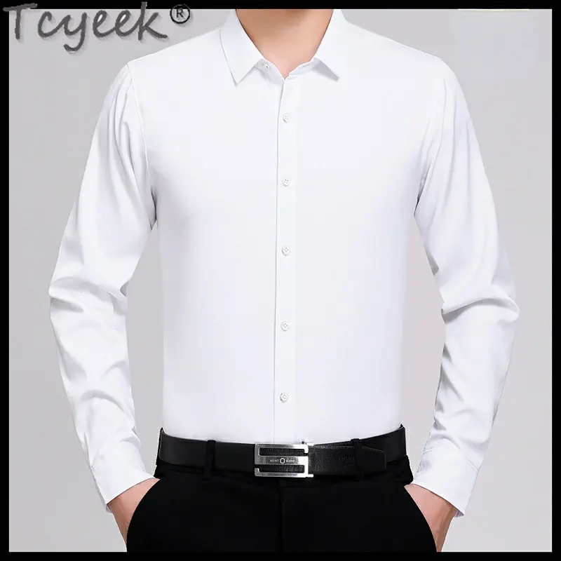 

Tcyeek Men's High-grade Real Silk Shirts Spring Long Sleeve Top Formal Business White Shirt 100% Mulberry Silk Shirts Homme LM