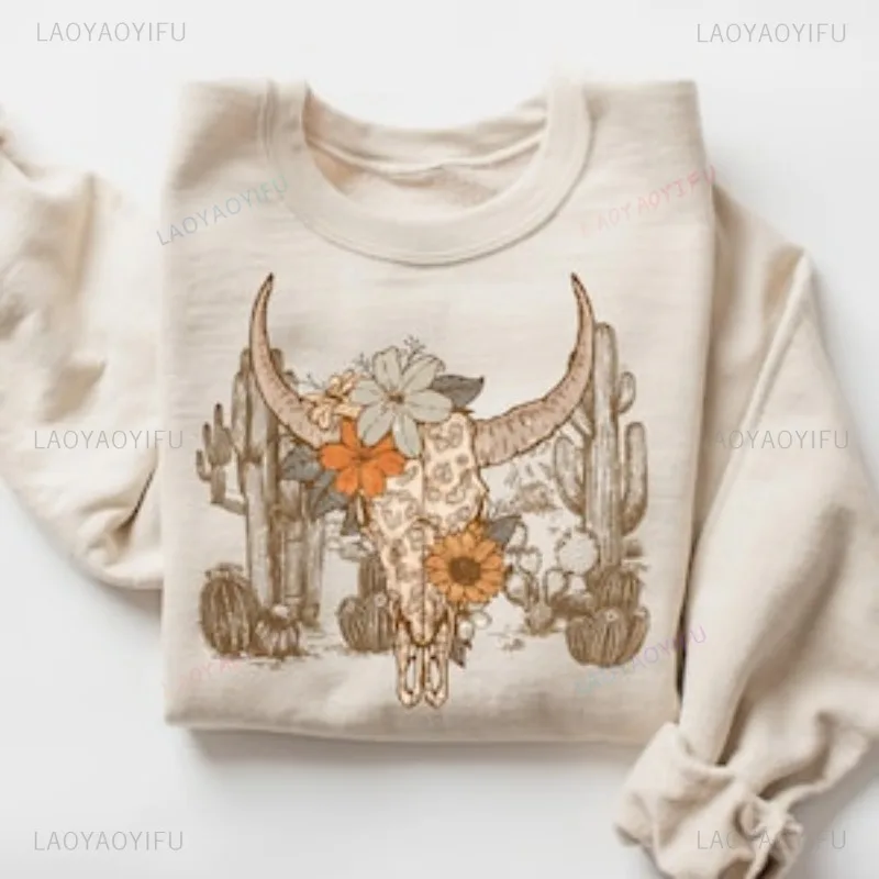Western Desert Cow Skull Leopard Cactus Sweatshirt Boho Longhorn Buffalo Shirt Vintage Classic Style Boyfriend Girlfriend Tops