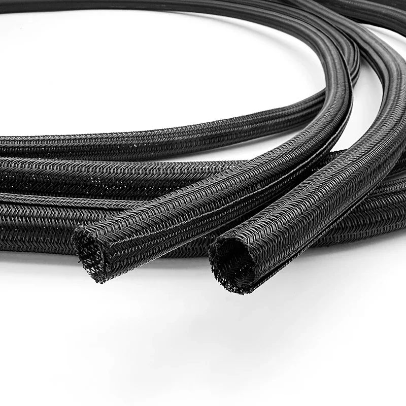 2M/5M Black PET Braided Self-Closing Cable Sleeve ID 5mm-50mm Wear Resistant Insulated Wire Organizer Cable Management Sheath