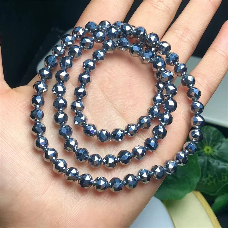 6MM Natural Terahertz Triple Circle Bracelet Gemstone Round Bead Crystal Healing Gemstone Bracelet Jewelry Gift 1PCS