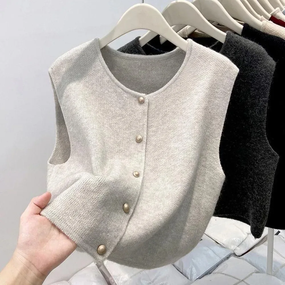 

Новинка 2023 года, женский весенне-осенний однотонный свитер без рукавов, жилет, модный однобортный кардиган, жилет для ожидания