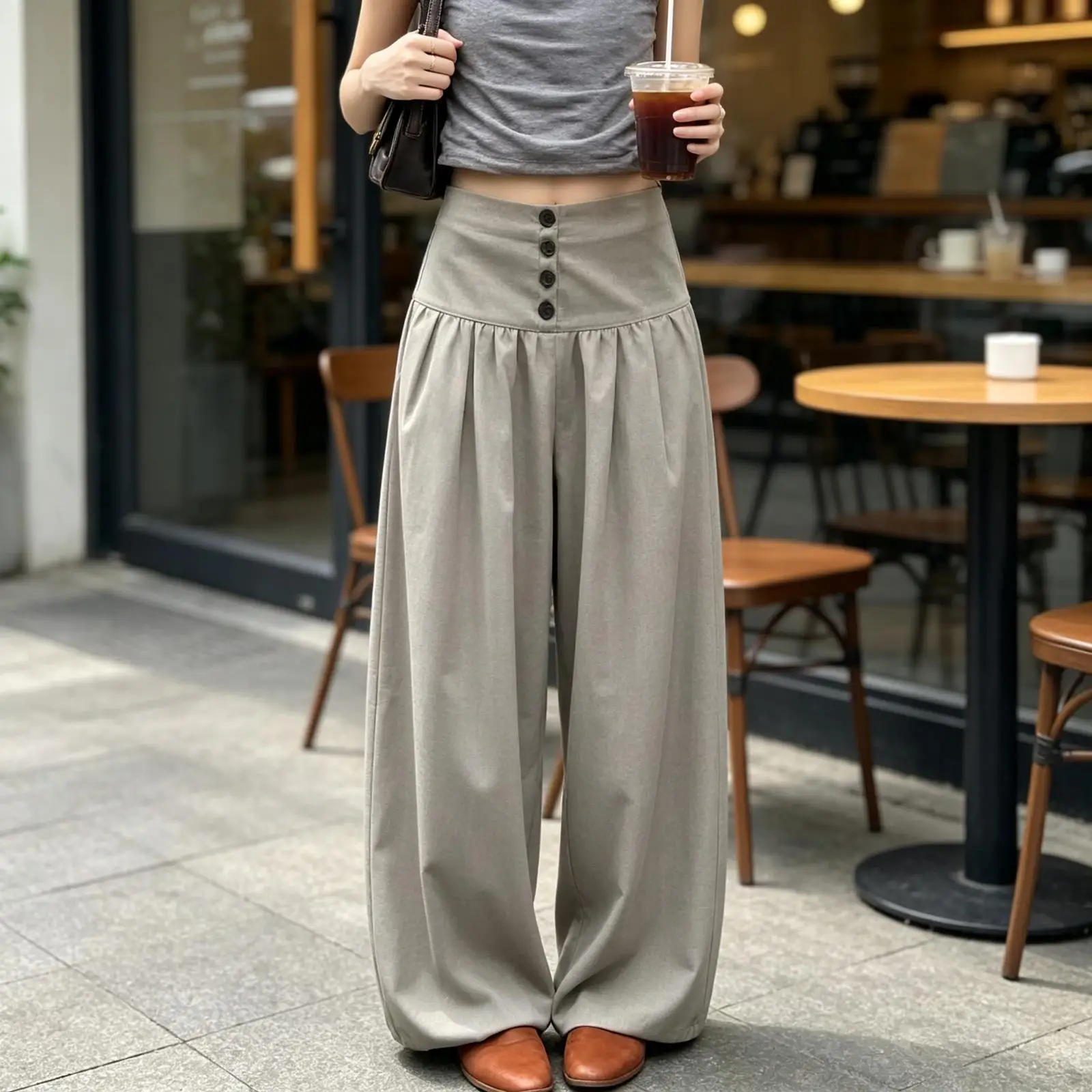 Women's Wide Leg Pants 2026 Spring Summer Elastic Waist Button Ankle-Length Casual Pants Fashion Loose Vintage Ladies Trousers