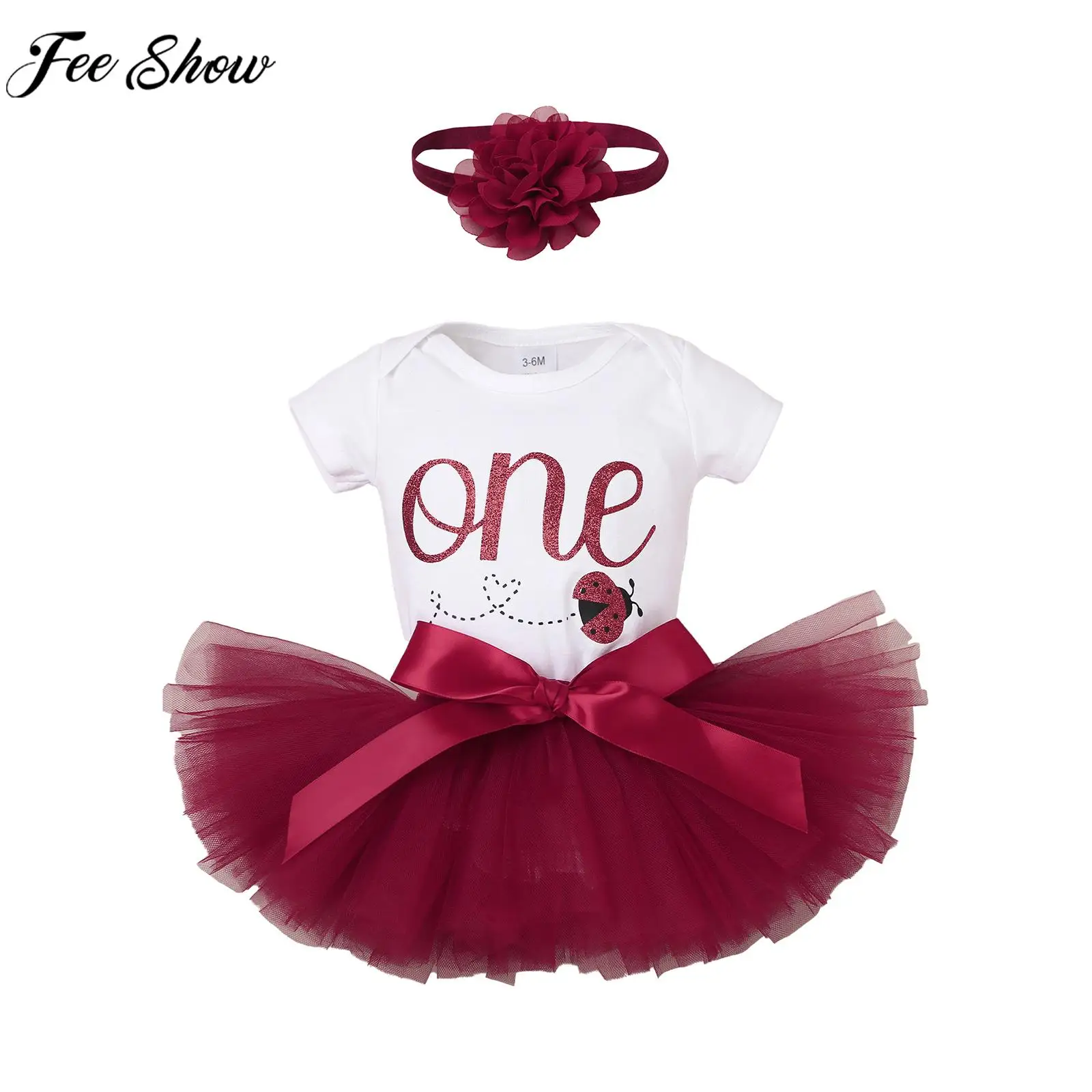 

Infant Girls Baptism Birthday Party Outfit Short Sleeve Romper with Mesh Tutu Princess Skirt Headband Photography Daily Wear