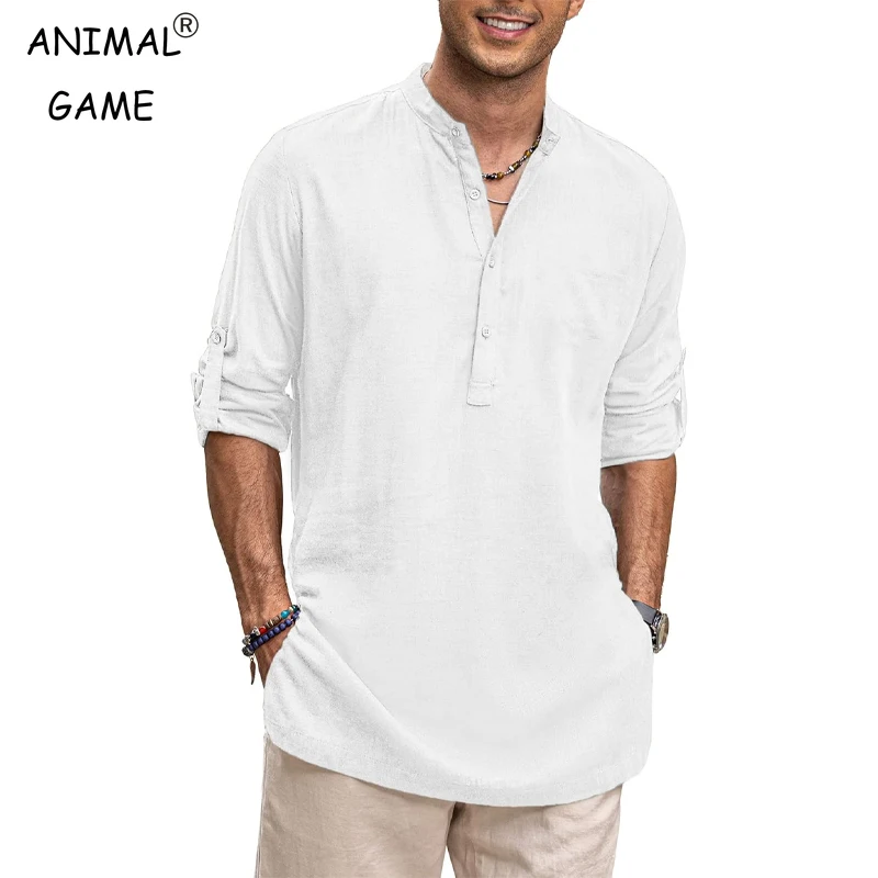 남성용 새 코튼 오버사이즈 셔츠 캐주얼 셔츠 경량 긴 소매 헨리 비치 셔츠 남성용 하와이 티셔츠