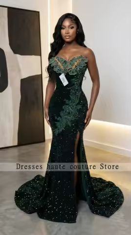 Opulent Dark Green Strapless Mermaid Diamond Prom Dress 2026 3D Floral Beaded Sequin Sweep Train Gown Evening Dress Customized