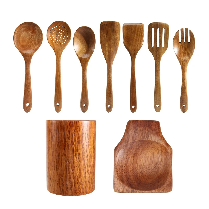 

9 PCS Wooden Spoons For Cooking, Wooden Utensils For Cooking With Utensils Holder, Teak Wooden Kitchen Utensils Set