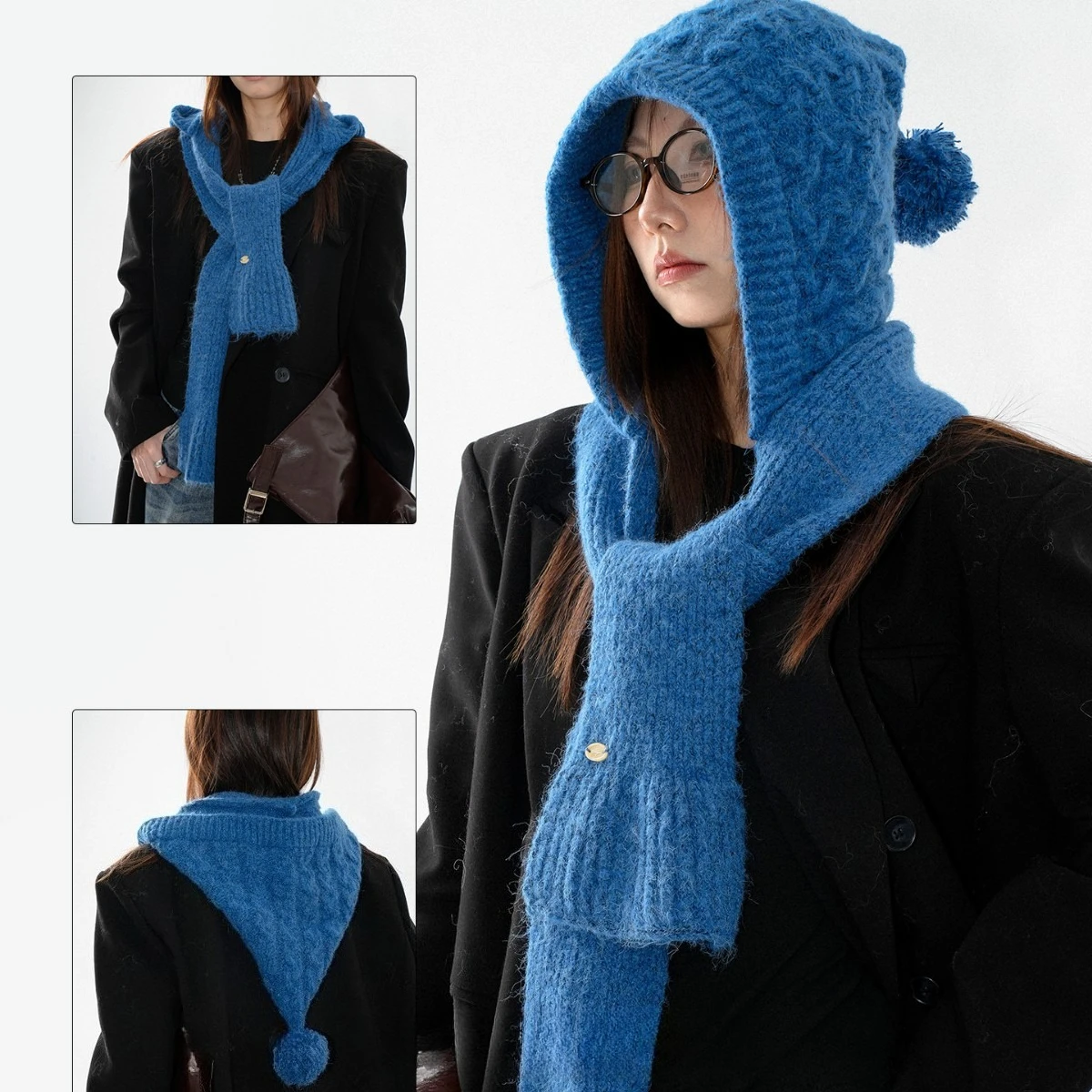 Autumn Winter Retro Solid Color Knitted Hat Scarf Integrated Women Cycling Skiing Versatile Warm Ear Protection Headband Cap