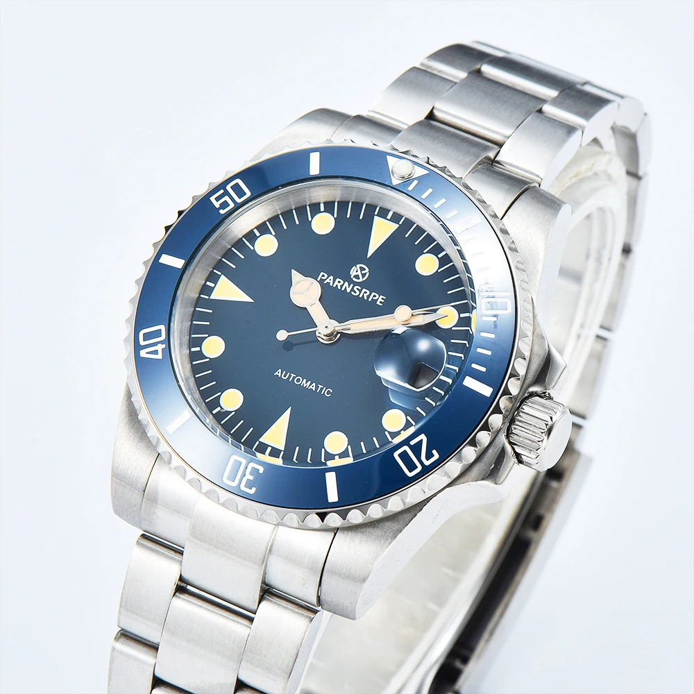 

Parnsrpe Ceramic Rotating Bezel Stainless Steel Bracelet Automatic Movement Men's Watch 40mm Blue Luminous Aseptic Dial Hands