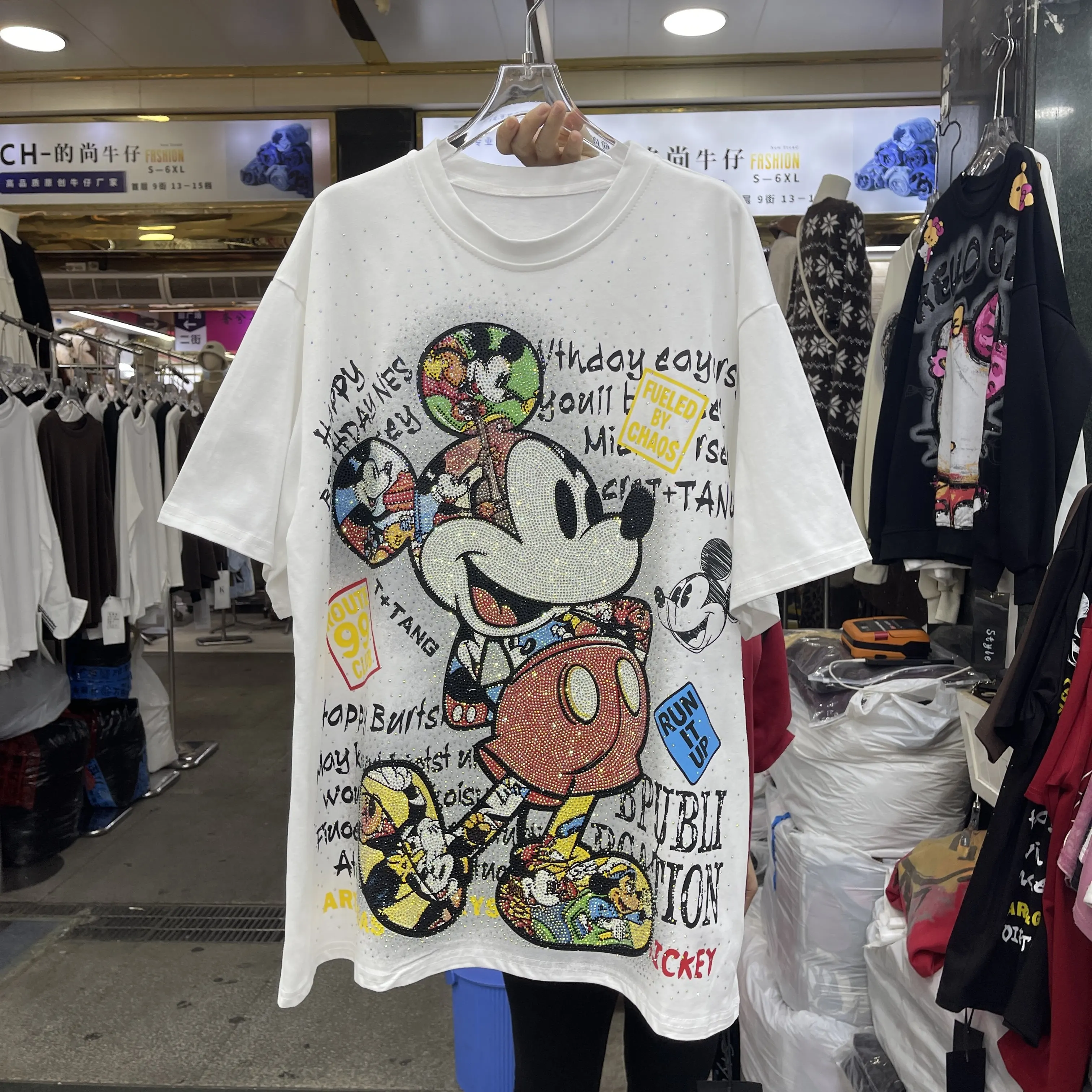 

Trendy 2026 New Spring Summer Loose Short Sleeve T-shirt Hot Diamonds Mickey O-neck Casual Cotton Tees All-match Students Tops