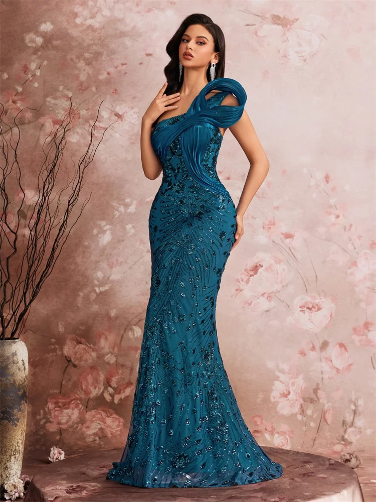 فساتين سهرة طويلة فاخرة من Lucyinlove بكتف مائل ترتر على الخصر وحورية البحر وحفلات الزفاف الليلية فستان كوكتيل أنيق #3