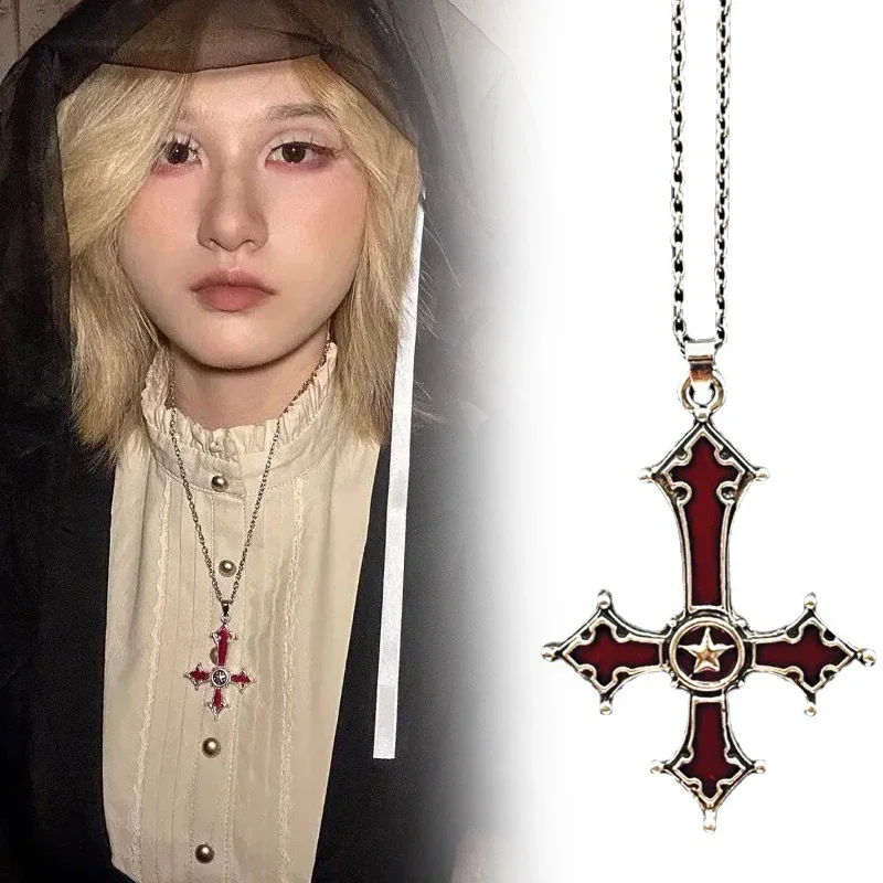 Gothic Inverted Cross Pendant Unisex Punk Necklace Vintage Blood Red Choker Jewelry Halloween Witch Accessories