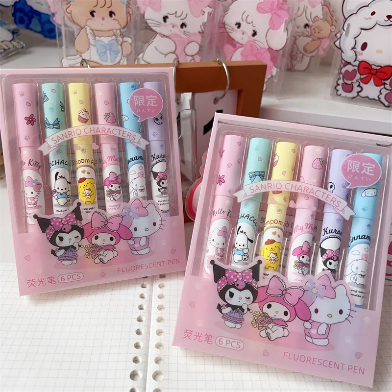 6 Pcs Sanrio Fluorescent Pen Kawaii Anime Marker Pen Cute Kuromi Hello Kitty Creative Stationery Originality Children Gifts