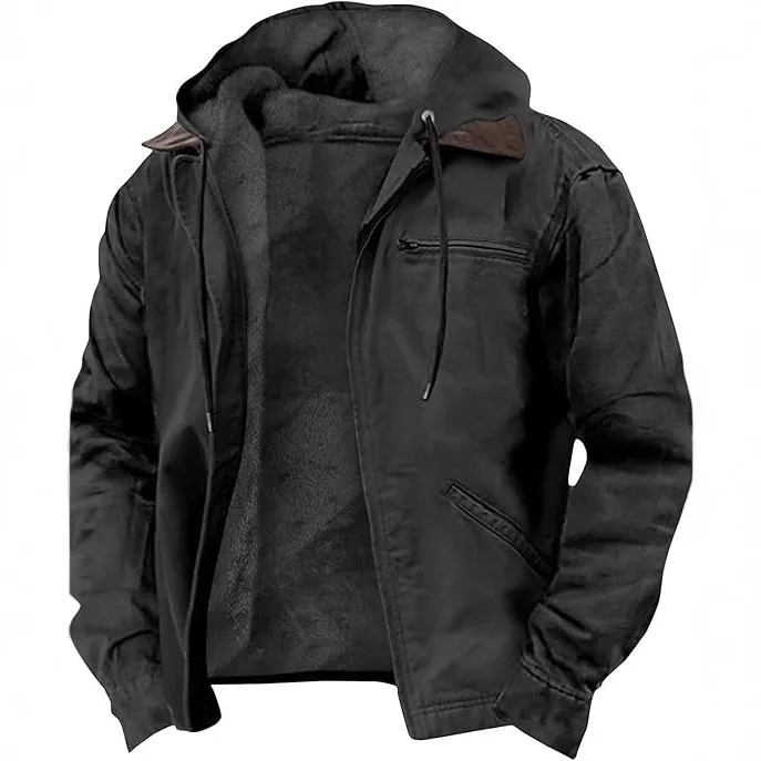 Men's Retro Hooded Fleece Lined Jacket Full Zip Thick Cargo Coat Multi Pockets Casual Streetwear Outerwear for Cold Weather
