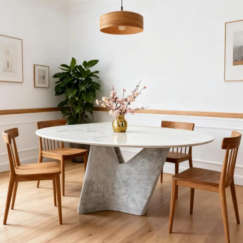 

⁕rRound FRP Table for 4 People Contemporary Dining Table Feature with Artistic Base for Minimalist Modern Themed Dining Room