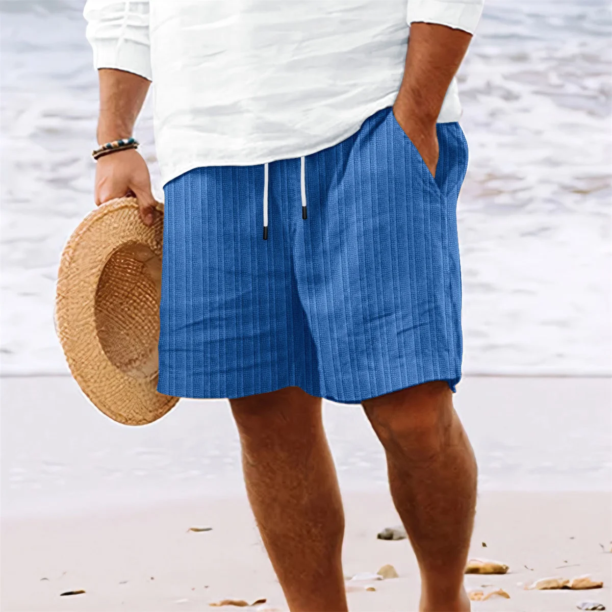 Pantalones cortos de verano para hombre, algodón, cáñamo, Color sólido, rayas, varios bolsos, playa, moda, gran oferta