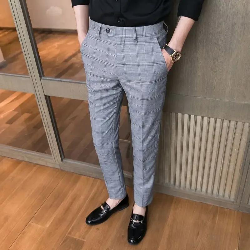 Plus Big Size Gray Male Suit Trousers Slim Fit Tressed Men\'s Summer Pants Fabric Vintage Thin Casual Clothes Offer Chinese Homme