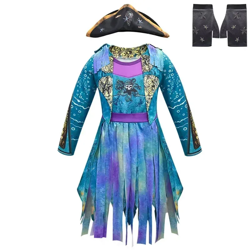 ♥ 2025 New COS Descendants 3 Mal Bertha Maleficent Curls Live Evil Straight Blue Girls Cosplay Cap Dress Halloween Costum ★☆ly99