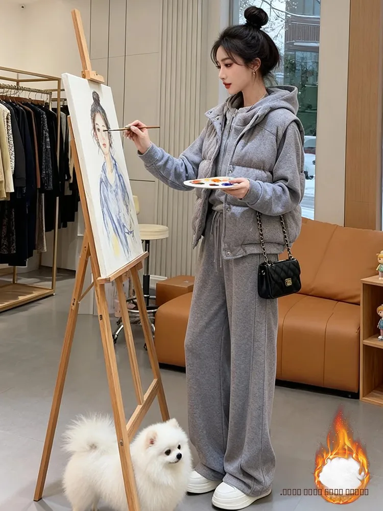Faionable-Conjunto de ropa deportiva para mujer, pantalones de chándal con capucha, banda elástica de cintura alta, pieza de camiseta, fibra de poliéster cálida para invierno