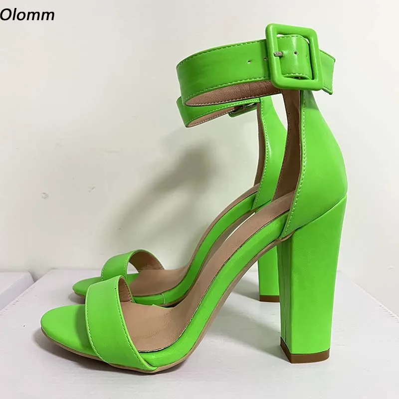 

Olomm New Arrival Women Sandals Chunky Heels Ankle Strap Sandals Open Toe Pretty Green Pink Red Ladies Shoes US Plus Size 5-20