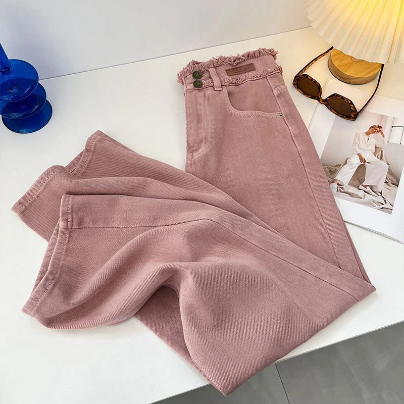 Women's Wide Leg Jeans Autumn Winter Pink High Waisted Floor Length Pants 2024 New Ladies Retro Streetwear Straight Trousers