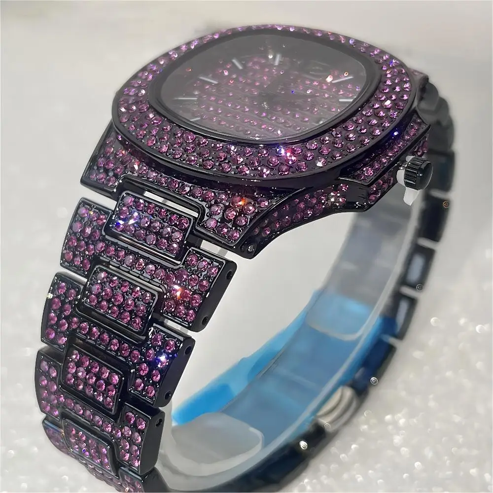 Vendita calda Fashion Green Iced Watch For Men orologio da polso al quarzo impermeabile in acciaio inossidabile uomo Hip Hop Diamond Jewelry orologi Reloj