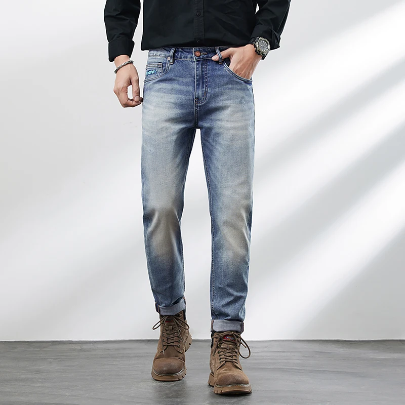 

trend loose small straight leg casual slim embroidered men's jeans