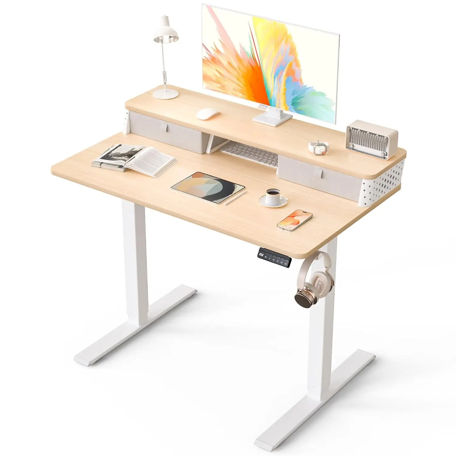 

Электрический регулируемый по высоте стол 40x24 дюйма с 4 ящиками, полкой для хранения и креплением C-Clamp для домашнего офиса, натуральный, на заказ