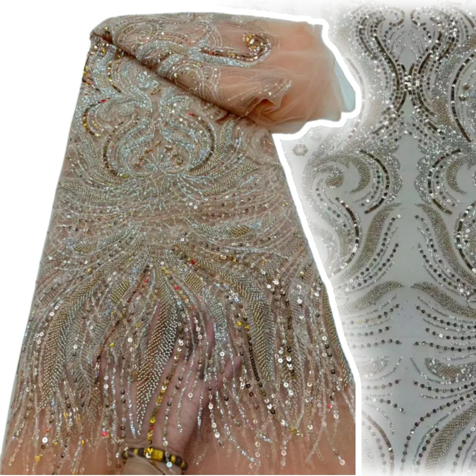 Fashion Heavy Beaded Net Lace Fabric With Shiny Sequins French Embroidery African Nigerian Tulle Mesh for Wedding Dress 1709