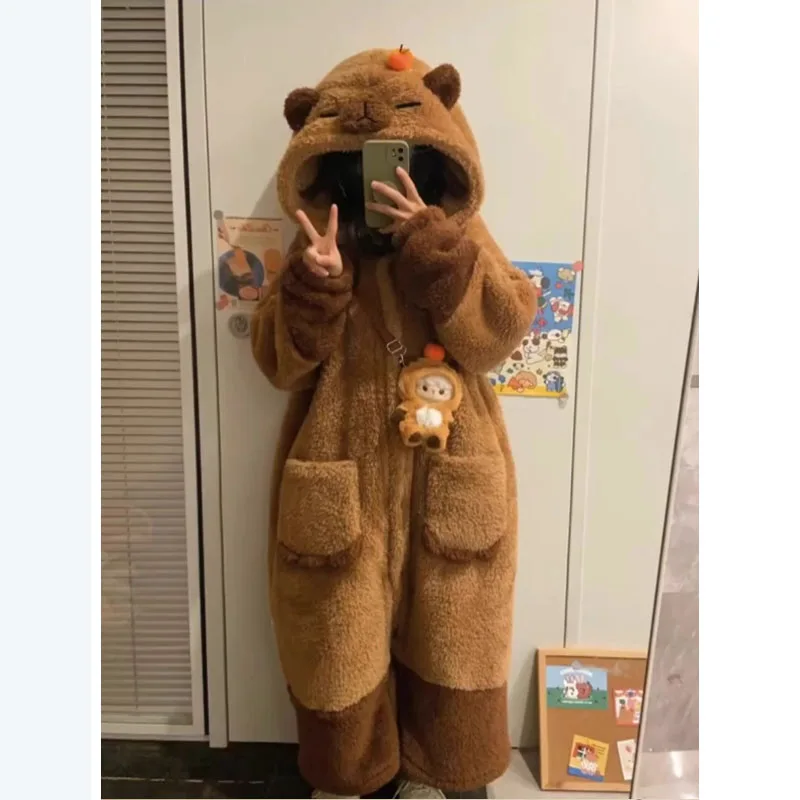 Hot Capybara Winter Pajama Cartoon Cute Animal Soft Plush Jumpsuit For Adults Kawaii Velvet Pajama Night Robe Cosplay Suit Gifts