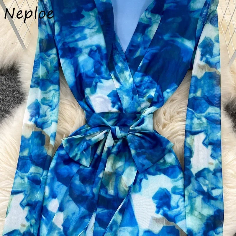 Neploe Spring 2024 New Long Sleeve Dress for Women V-neck Printed Vestido De Mujer Bow Bandage High Waist Ladies Dresses Female