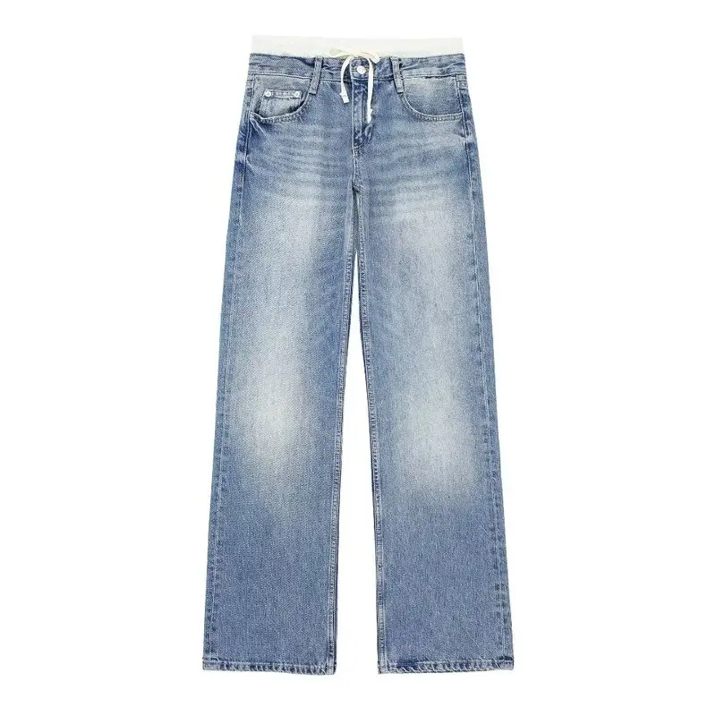 Spring 2024 Women's Casual Mid-Waist Patchwork Wide Leg Jeans Long Pants Comfortable Fit l Waist Wide Leg Trousers