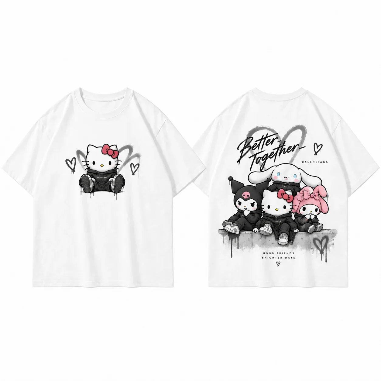 Sanrio Hello Kitty Good Friends Parent Child Graffiti Print T Shirt Men's Women's White Kawaii Cute Streetwear Short Sleeve Top