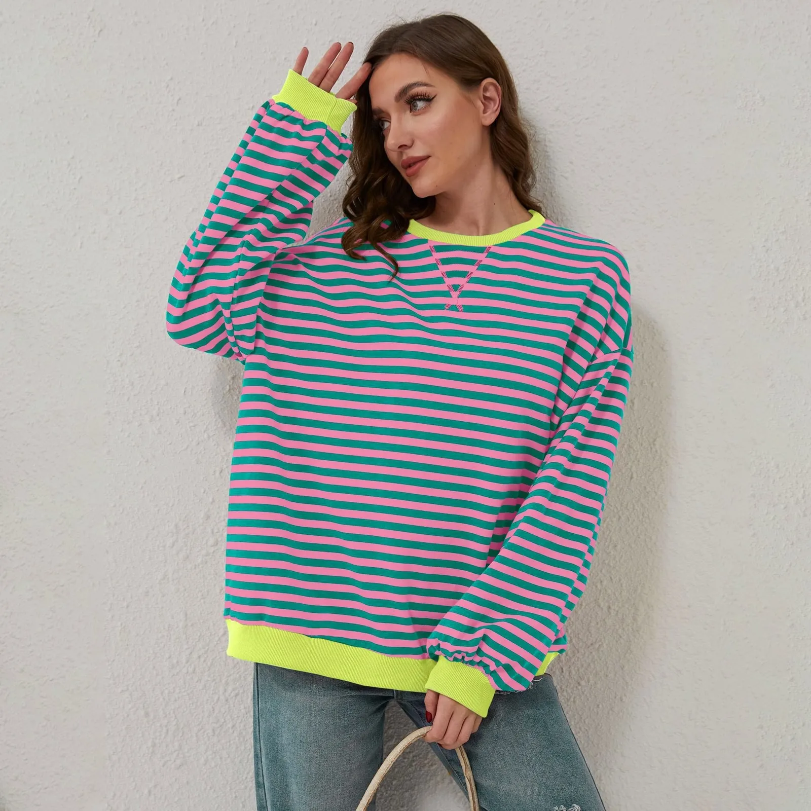 

Striped Oversized Fashion Female Sweatshirt Color Block Crew Neck Long Sleeve Shirt Casual Loose Pullover Top Y2K Clothes