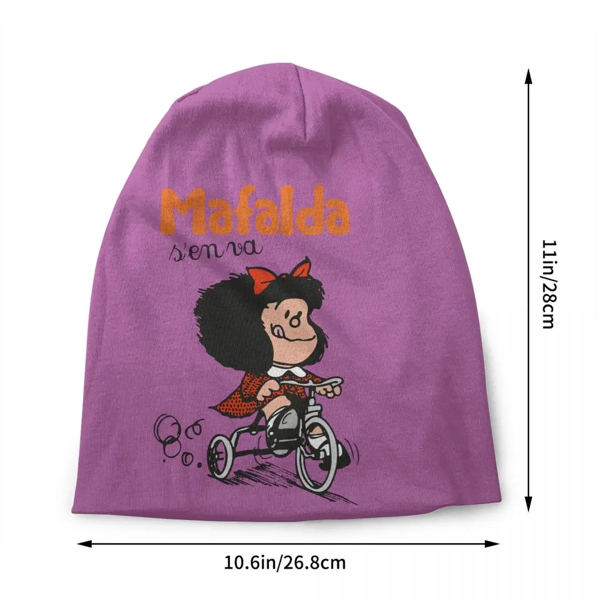 Kawaii Mafalda Riding A Bike Skullies Beanies Caps Unisex Cool Winter Warm Knit Hat Adult Quino Comic Cartoon Bonnet Hats