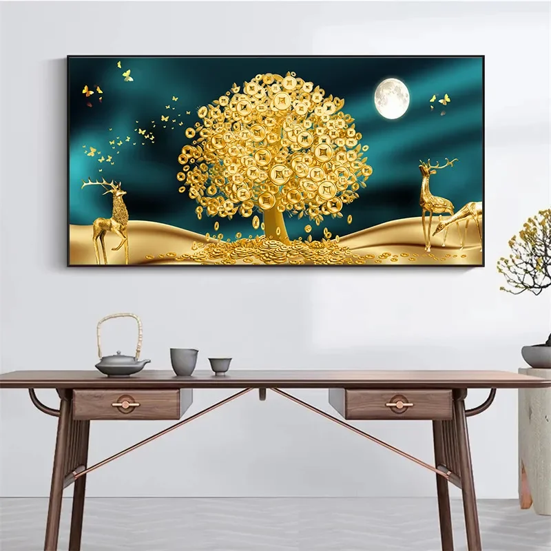 Large Luxury Lucky Gold Money Tree Canvas Painting Printing Floral Plant Painting Deer and Golden Leaf Poster Large Home Decor