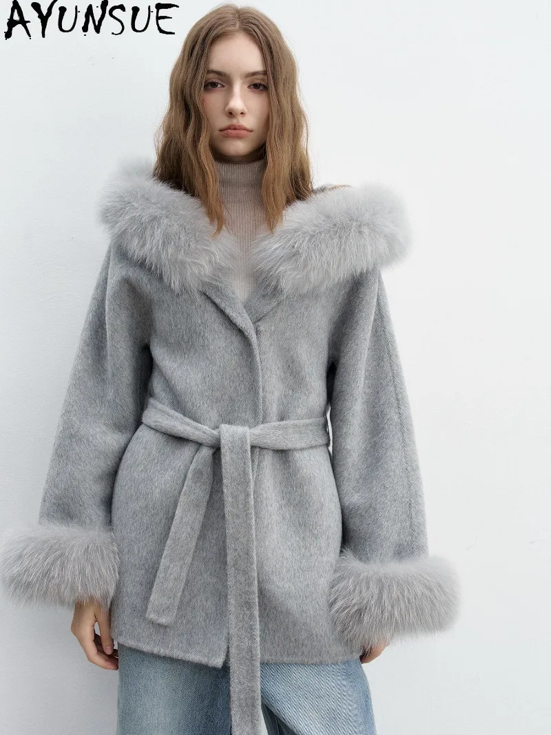 AYUNSUE Women Double-faced Wool Coat Natural Fox Fur Turn-down Collar Mid-Length Clothes Luxury Fashion Ropa De Invierno Mujer