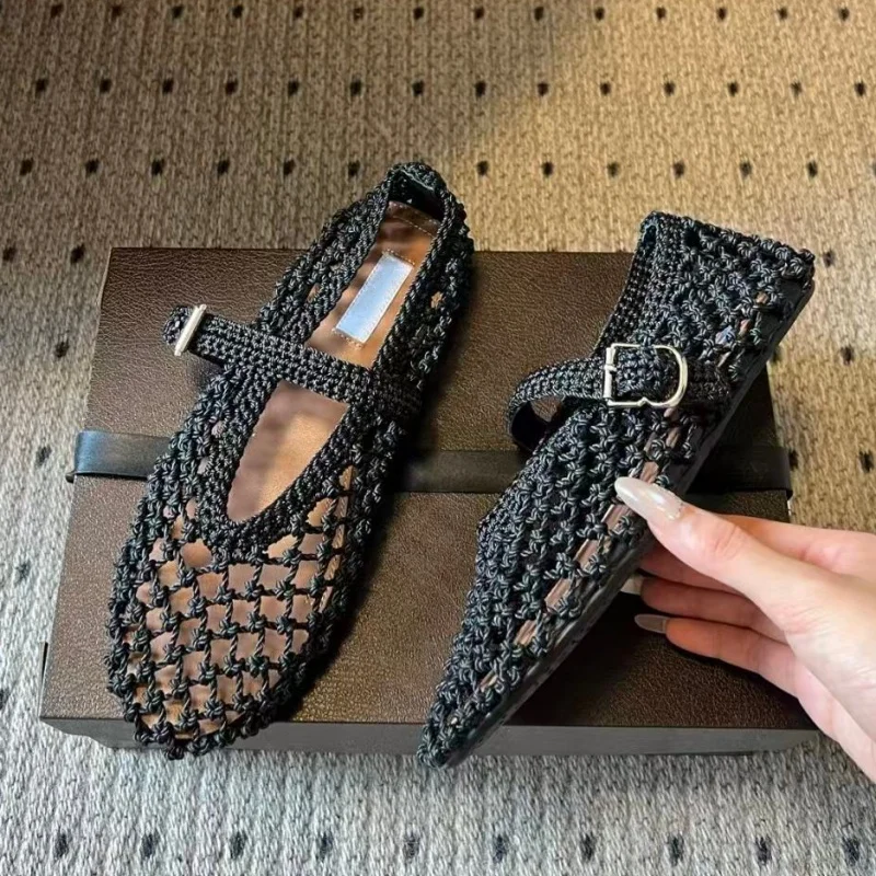 Designer Brand Original Fashionable Hollow Out Color Blocked Woven Mary Jane Shoes Flat Ballet Shoes Sandals