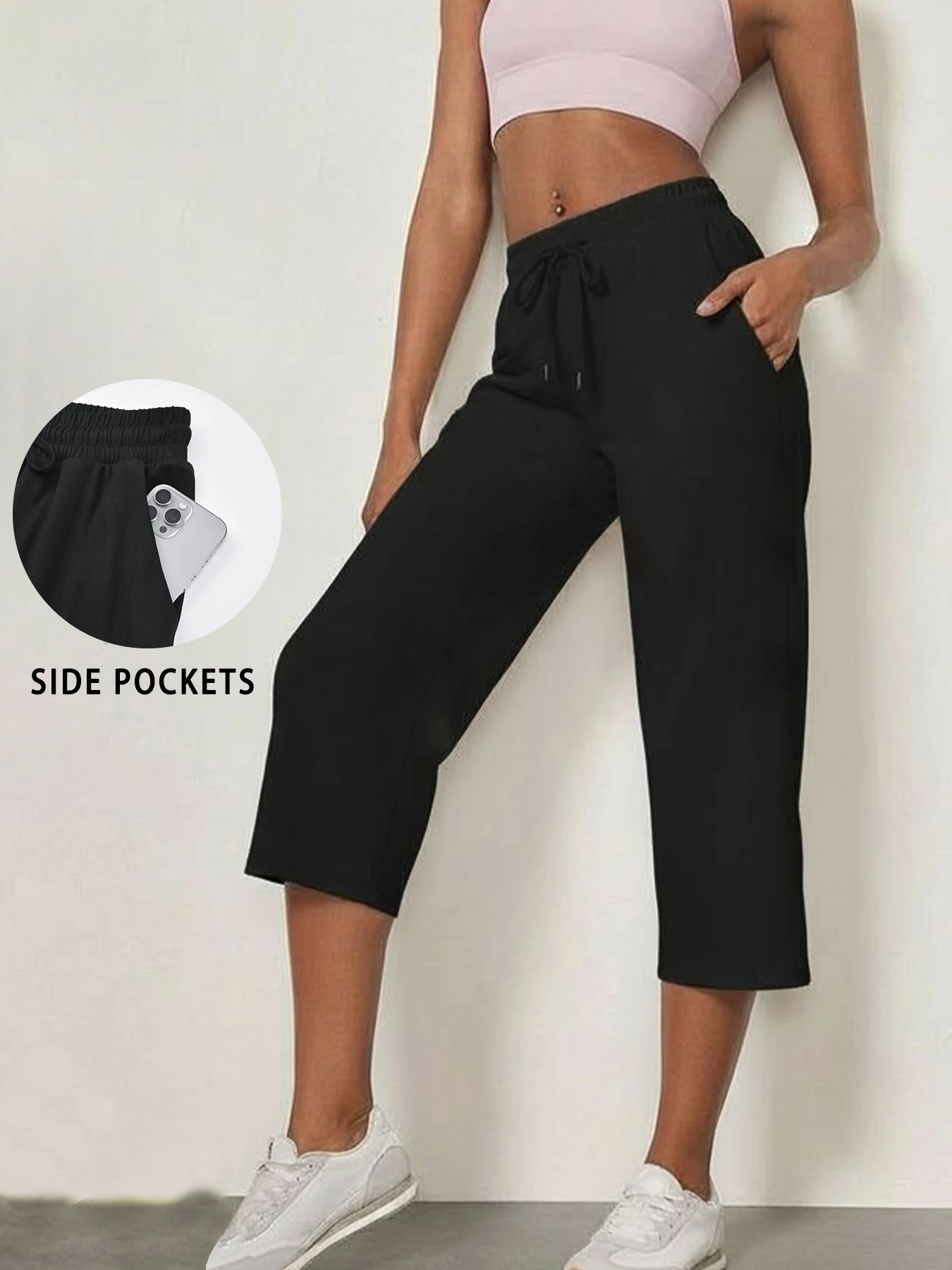 Damen Capri Yoga-Hose, locker geschnitten, weich, mit Kordelzug, Trainingshose, lässige Loungehose mit Taschen
