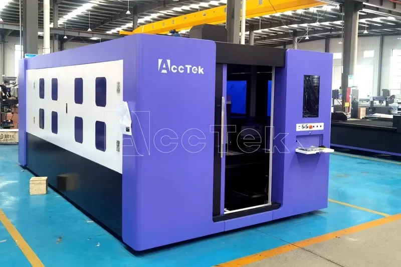AccTek-máquina cortadora láser de fibra, plataforma de intercambio cerrada, directa de fábrica, 3000x1500, para acero, aluminio, hierro, corte de latón