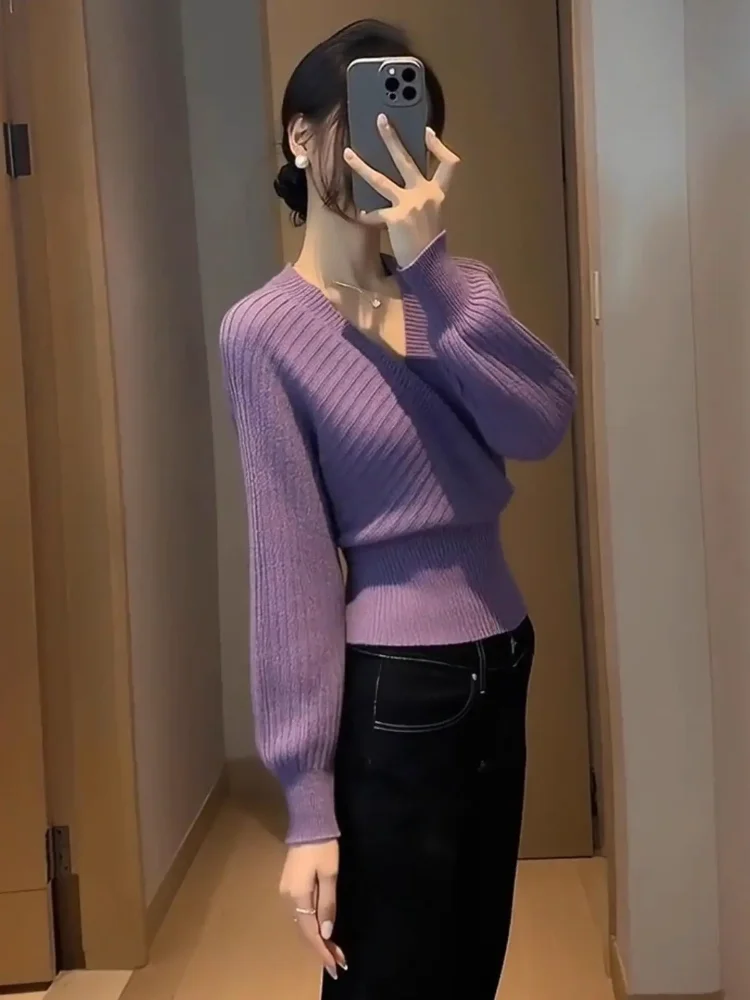 엘리 퍼플 브이넥 스웨터 여성용 패셔너블 이너웨어 니트 탑 가을 겨울 고급 슬리 아름다운